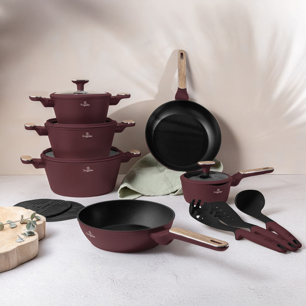 BerlingerHaus Topfset Nordic Matt Bordeaux 11-teilig - Kochtopf ø 20, 24, 28 cm, Bratpfanne ø 24, 28 cm & Stielkasserolle ø 16 cm - Geeignet für alle Wärmequellen