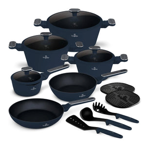 BerlingerHaus Topfset Matt Blau 11-teilig - Kochtopf ø 20, 24, 28 cm, Bratpfanne ø 24, 28 cm & Stielkasserolle ø 16 cm - Geeignet für alle Wärmequellen