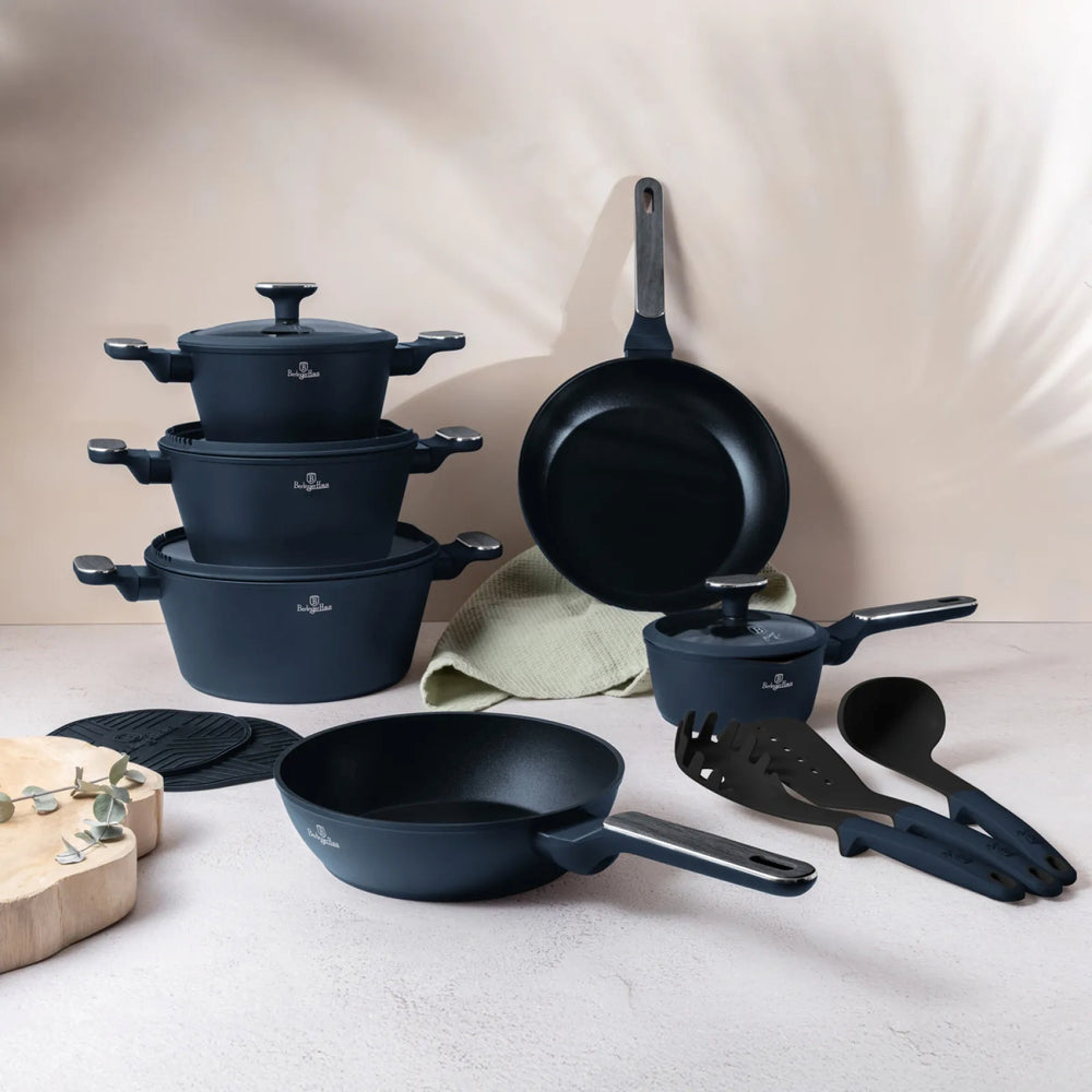 BerlingerHaus Topfset Matt Blau 11-teilig - Kochtopf ø 20, 24, 28 cm, Bratpfanne ø 24, 28 cm & Stielkasserolle ø 16 cm - Geeignet für alle Wärmequellen