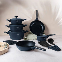 BerlingerHaus Topfset Matt Blau 11-teilig - Kochtopf ø 20, 24, 28 cm, Bratpfanne ø 24, 28 cm & Stielkasserolle ø 16 cm - Geeignet für alle Wärmequellen