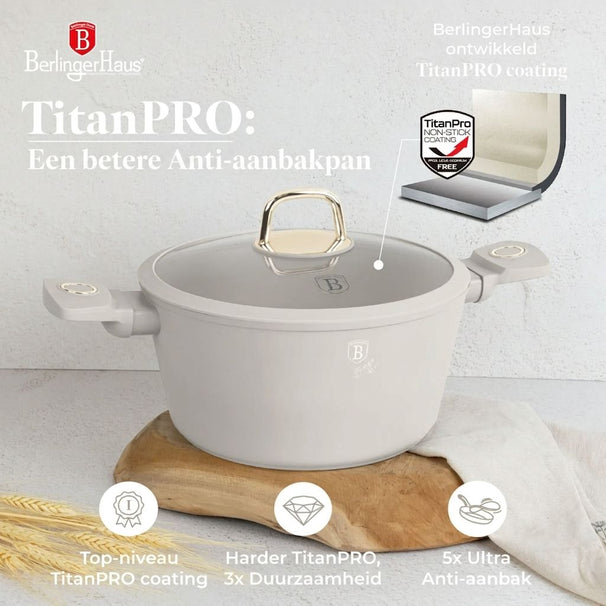 BerlingerHaus Topfset Matt Creme 11-Teilig - Kochtöpfe ø 20, 24, 28 cm, Bratpfannen ø 24, 28 cm & Stielkasserolle ø 16 cm - Geeignet für alle Wärmequellen