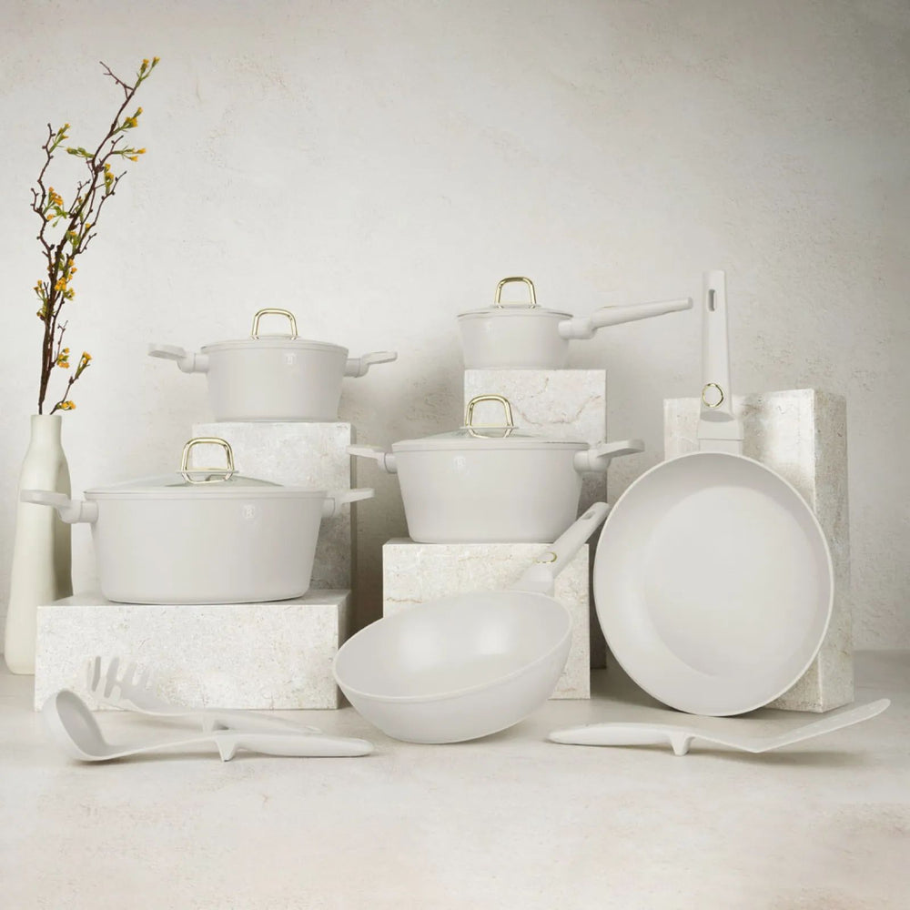 BerlingerHaus Topfset Matt Creme 11-Teilig - Kochtöpfe ø 20, 24, 28 cm, Bratpfannen ø 24, 28 cm & Stielkasserolle ø 16 cm - Geeignet für alle Wärmequellen