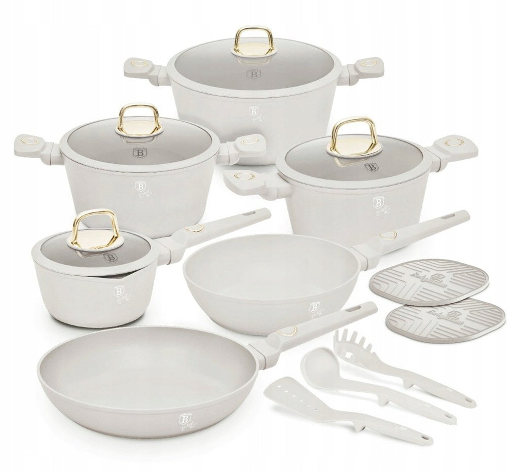 BerlingerHaus Topfset Matt Creme 11-Teilig - Kochtöpfe ø 20, 24, 28 cm, Bratpfannen ø 24, 28 cm & Stielkasserolle ø 16 cm - Geeignet für alle Wärmequellen