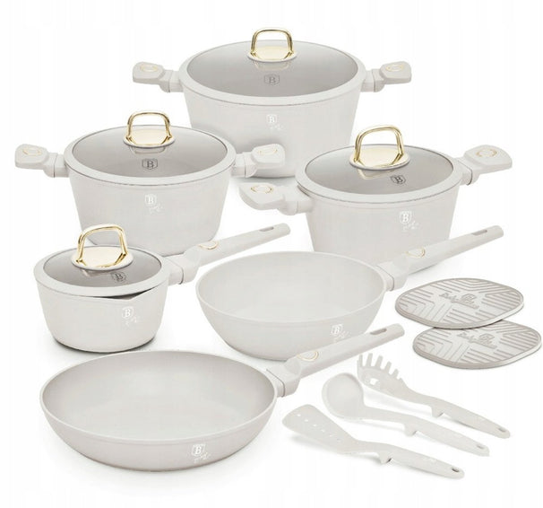 BerlingerHaus Topfset Matt Creme 11-Teilig - Kochtöpfe ø 20, 24, 28 cm, Bratpfannen ø 24, 28 cm & Stielkasserolle ø 16 cm - Geeignet für alle Wärmequellen