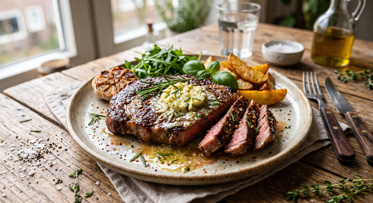 Saftiges Rindersteak mit einer goldbraunen Kruste, direkt aus der Pfanne.