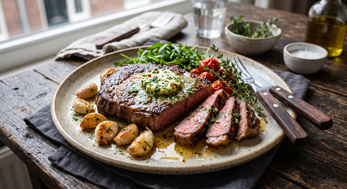 Saftiges Steak aus der Pfanne, perfekt gebraten.