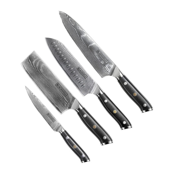 Blackwell Messerset (Kochmesser + Santokumesser + Nakirimesser + Officemesser) – Japanischer Stil – 67 Lagen Damaszenerstahl – VG10 – 4-teilig