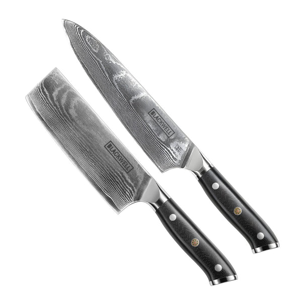 Blackwell Messerset (Kochmesser + Gemüsemesser / Nakiri-Messer) – Japanischer Stil – 67 Lagen Damaszenerstahl – VG10 – 2-teilig