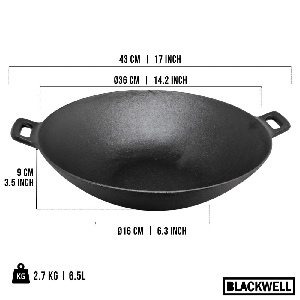 Blackwell Wokpfanne Gusseisen Ø 36 cm / 6.5 Liter – ohne Antihaftbeschichtung – geeignet für alle Wärmequellen