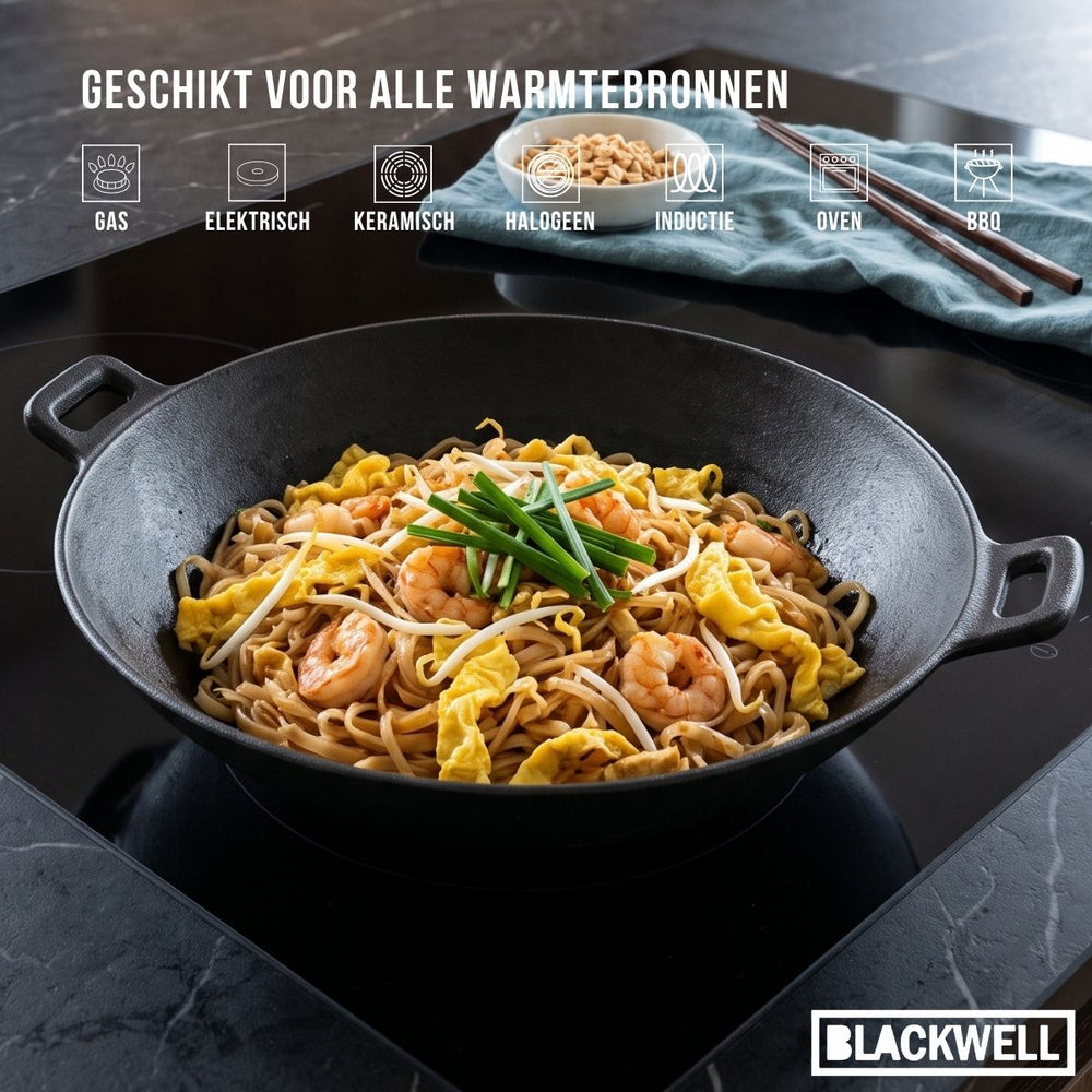 Blackwell Wokpfanne Gusseisen Ø 36 cm / 6.5 Liter – ohne Antihaftbeschichtung – geeignet für alle Wärmequellen