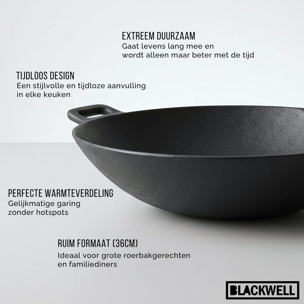 Blackwell Wokpfanne Gusseisen Ø 36 cm / 6.5 Liter – ohne Antihaftbeschichtung – geeignet für alle Wärmequellen