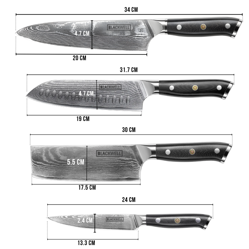 Blackwell Messerset (Kochmesser + Santokumesser + Nakirimesser + Officemesser) – Japanischer Stil – 67 Lagen Damaszenerstahl – VG10 – 4-teilig