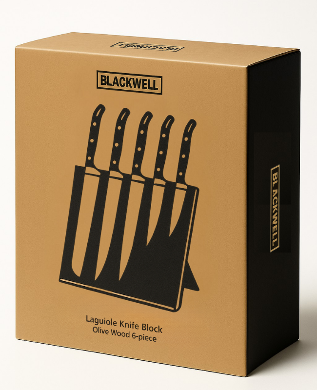 Blackwell Messerblock - Laguiole - Olivenholz - Kochmesser, Brotmesser, Fleischmesser, Officemesser & Schälmesser 6-teilig