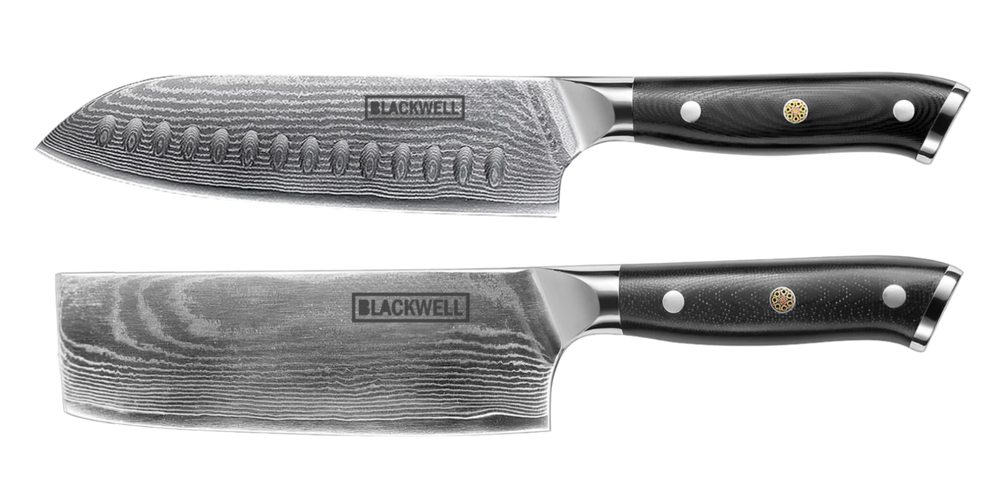 Blackwell Messerset (Santokumesser + Gemüsemesser / Nakirimesser) – Japanischer Stil – 67 Lagen Damaszenerstahl – VG10 – 2-teilig