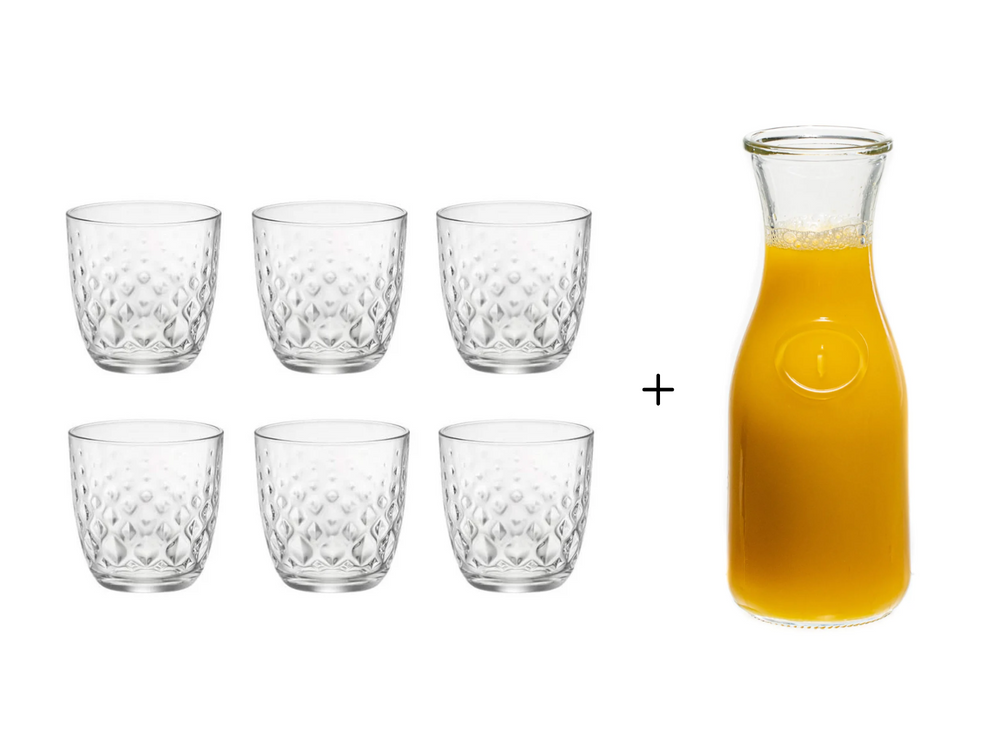 Bormioli Rocco Gläser Glit Transparent 295 ml - 6 Stück + Cookinglife Karaffe 1 Liter