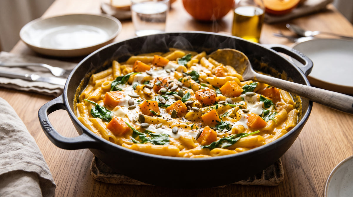 Cremige Kürbis-Pasta aus einer Pfanne, in weniger als 30 Minuten servierbereit