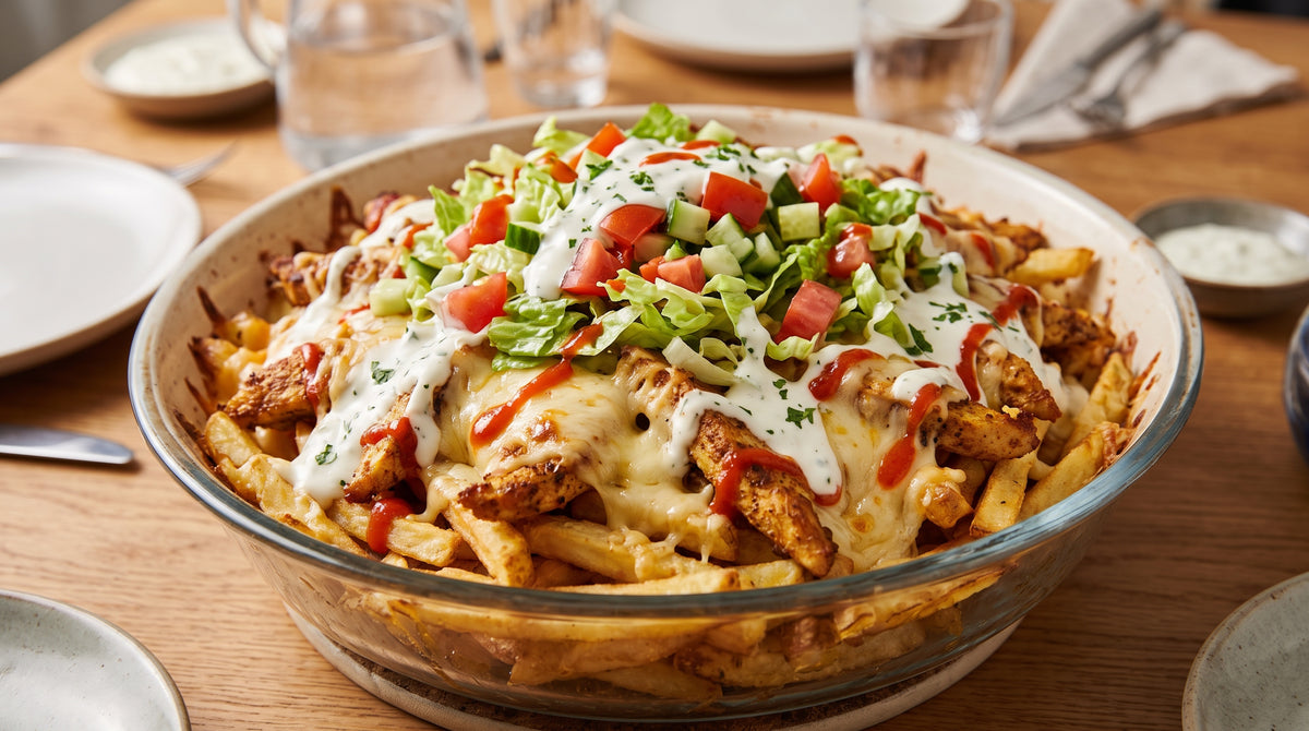 Pommes, Hähnchen-Shoarma, geschmolzener Käse, frischer Salat und würzige Saucen