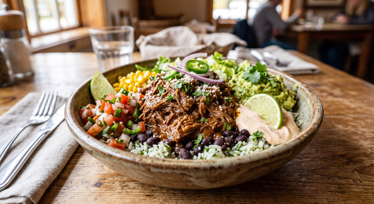 Saftiges Pulled Beef, perfekt gegarter Reis und frische Toppings in einer Schüssel