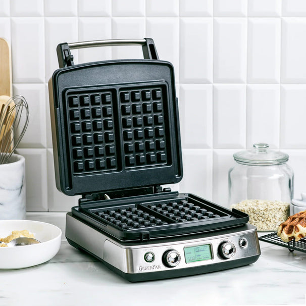 GreenPan Waffeleisen - Edelstahl - inklusive 2 Sets Waffelplatten - Keramische Antihaftbeschichtung