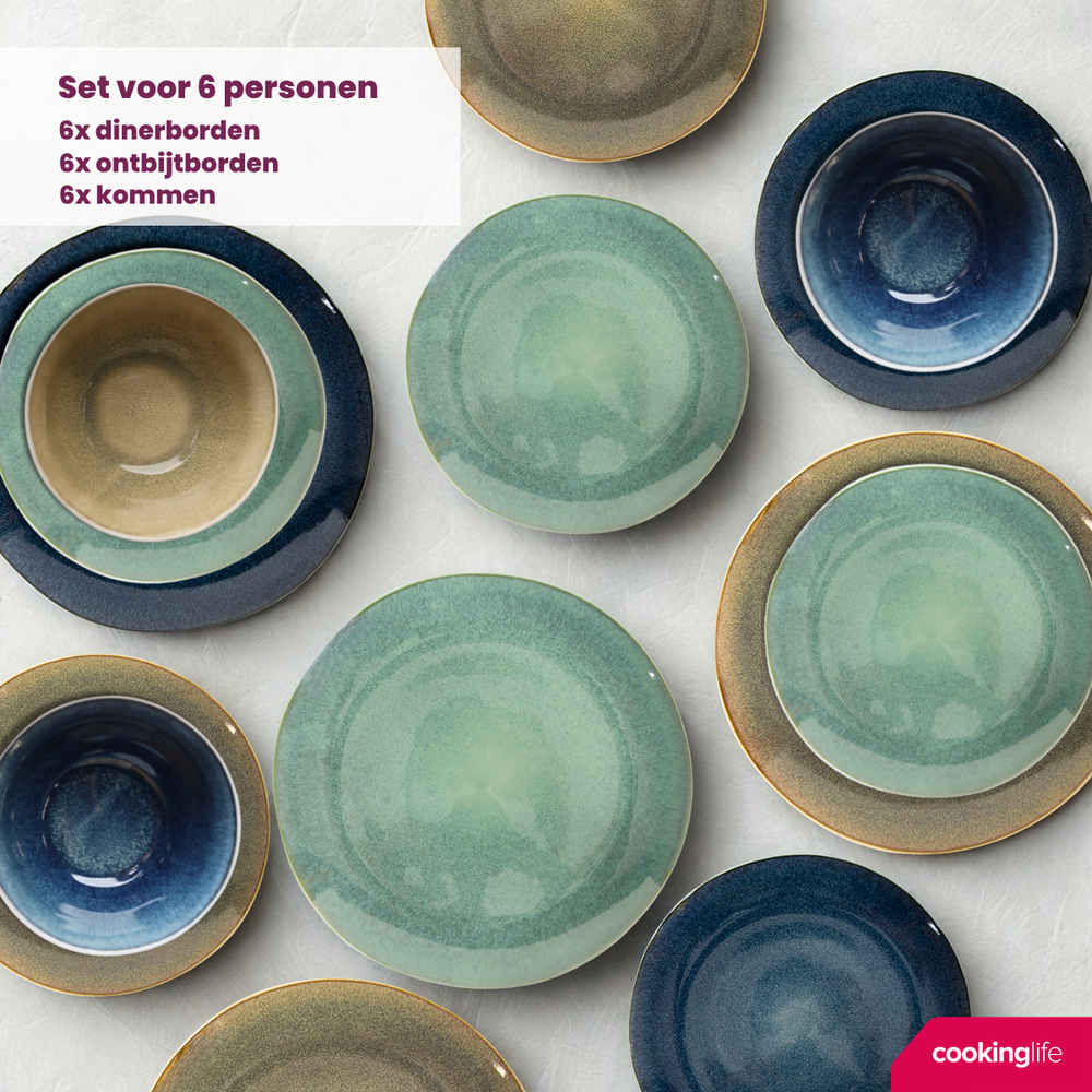 Cookinglife Geschirrset Belize 18-teilig / 6 Personen - 6 Speiseteller ø 25 cm, 6 Frühstücksteller ø 21 cm, 6 Suppenschalen ø 15 cm