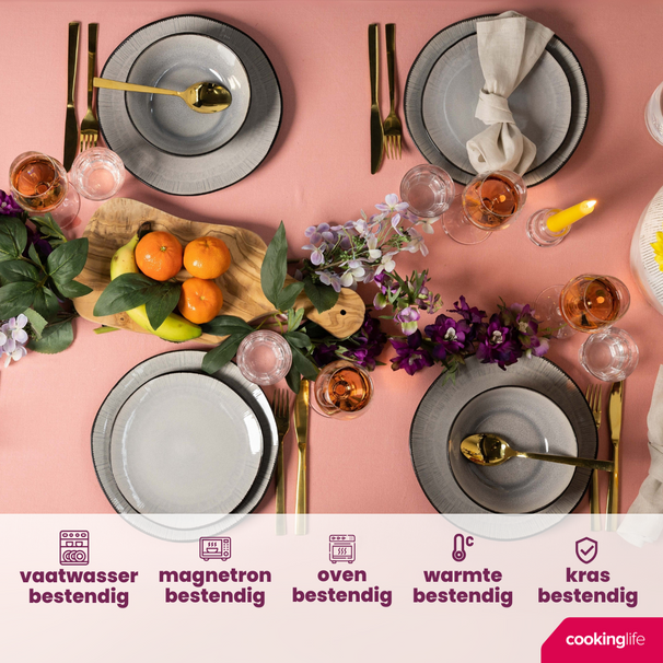 Cookinglife Geschirrset  Nola Warm Grey - 18-teilig / 6 Personen - 6 Speiseteller, 6 Frühstücksteller und 6 Schalen