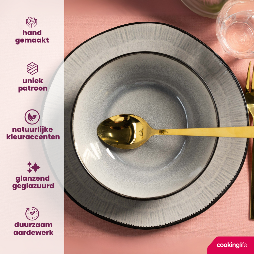 Cookinglife Geschirrset  Nola Warm Grey - 18-teilig / 6 Personen - 6 Speiseteller, 6 Frühstücksteller und 6 Schalen