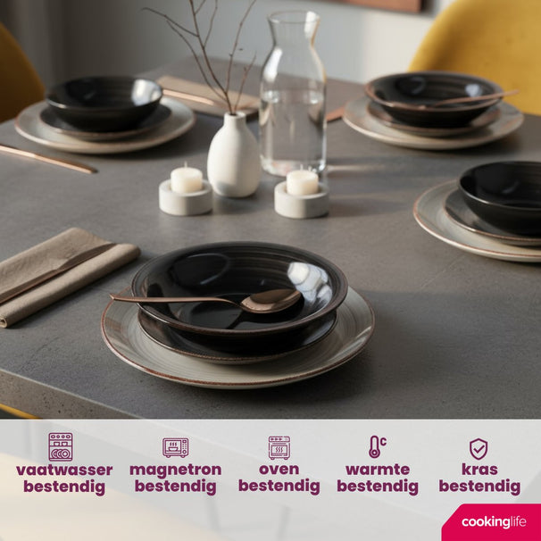 Cookinglife Geschirrset Delice Grau 18-teilig / 6 Personen - 6 Speiseteller, 6 tiefe Teller und 6 Frühstücksteller