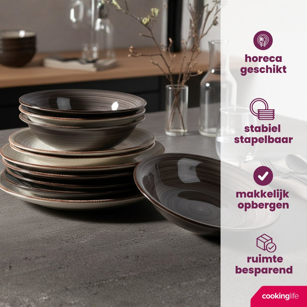 Cookinglife Geschirrset Delice Grau 18-teilig / 6 Personen - 6 Speiseteller, 6 tiefe Teller und 6 Frühstücksteller