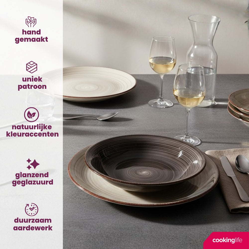 Cookinglife Geschirrset Delice Grau 18-teilig / 6 Personen - 6 Speiseteller, 6 tiefe Teller und 6 Frühstücksteller