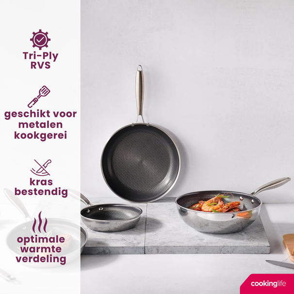 Cookinglife Pfannenset HexaCook Hybride Pfanne 3-teilig - Bratpfanne ø 24 & 28 cm + Wokpfanne Ø 28 cm - NON STICK - geeignet für alle Wärmequellen - keramische Antihaftbeschichtung