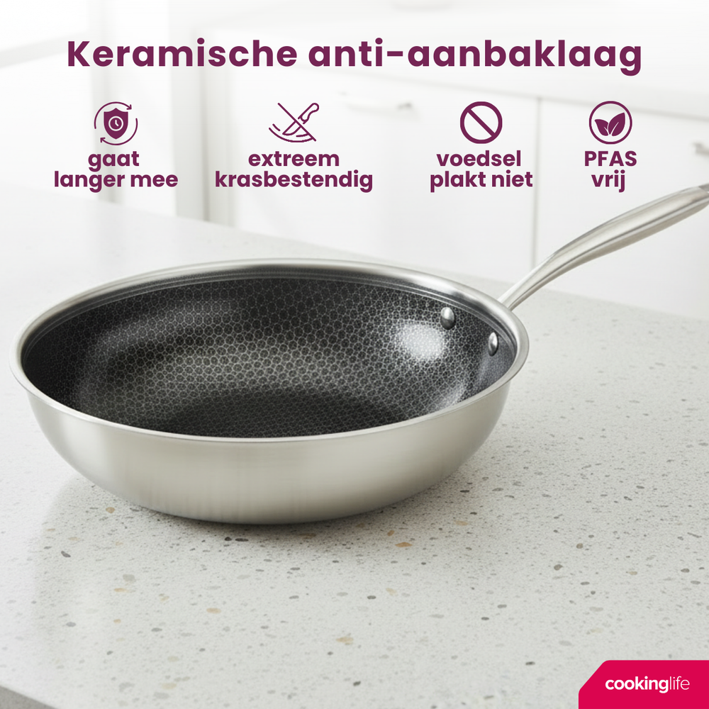 Cookinglife Pfannenset HexaCook Hybride Pfanne 3-teilig - Bratpfanne ø 24 & 28 cm + Wokpfanne Ø 28 cm - NON STICK - geeignet für alle Wärmequellen - keramische Antihaftbeschichtung