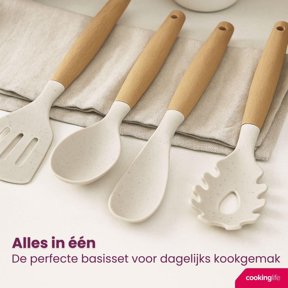Cookinglife Kochgeschirr Set - Kochgeschirr Set - Holz beige 4-teilig - Pfannenwender, Servierlöffel, Salatlöffel & Spaghettilöffel