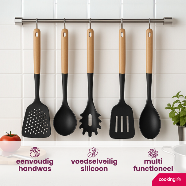 Cookinglife Kochgeschirr Set - Kochgeschirr Set - Holz schwarz 5-teilig - Schaumkelle, Suppenlöffel, Spaghettilöffel, Bratschaufel & Servierlöffel