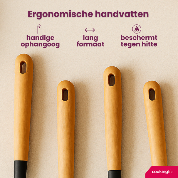 Cookinglife Kochgeschirr Set - Kochgeschirr Set - Holz schwarz 4-teilig - Schaumkelle, Suppenlöffel, Pfannenwender & Servierlöffel
