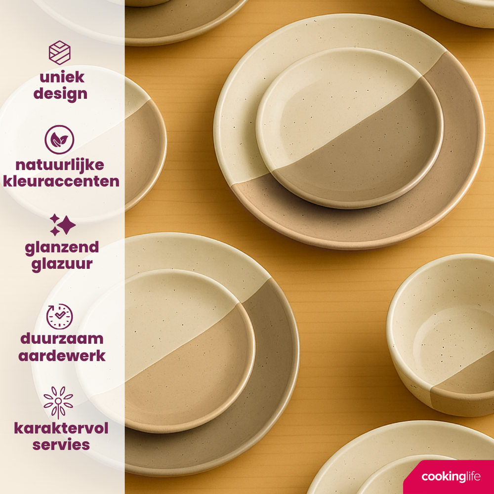 Cookinglife Geschirrset Leem 18-teilig / 6 Personen - 6 Speiseteller, 6 Frühstücksteller und 6 Schalen