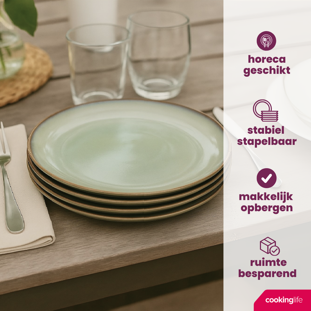 Cookinglife Geschirrset Sabi Grün 18-teilig / 6 Personen - 6 Speiseteller, 6 Frühstücksteller und 6 Schalen