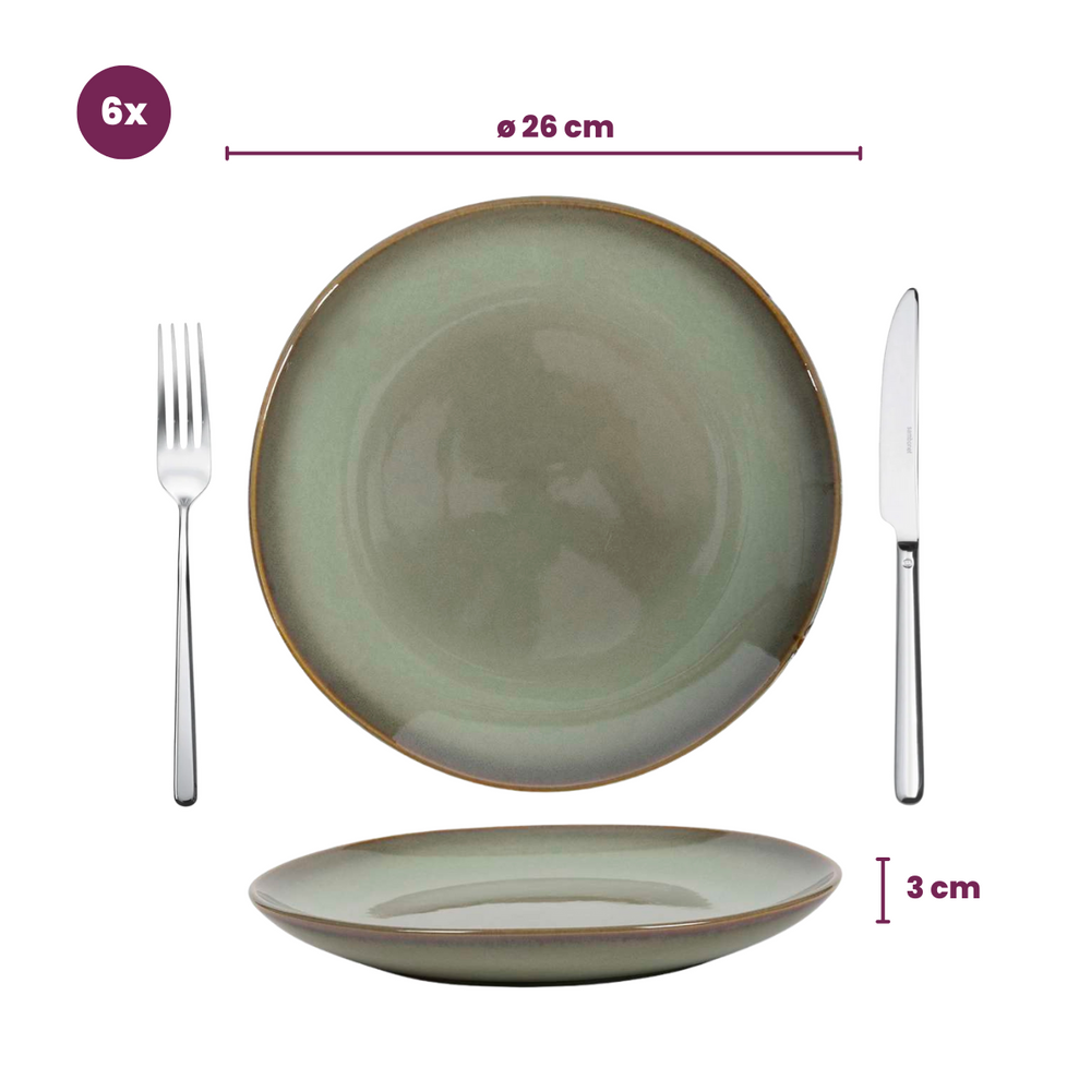 Cookinglife Geschirrset Sabi Grün 18-teilig / 6 Personen - 6 Speiseteller, 6 Frühstücksteller und 6 Schalen