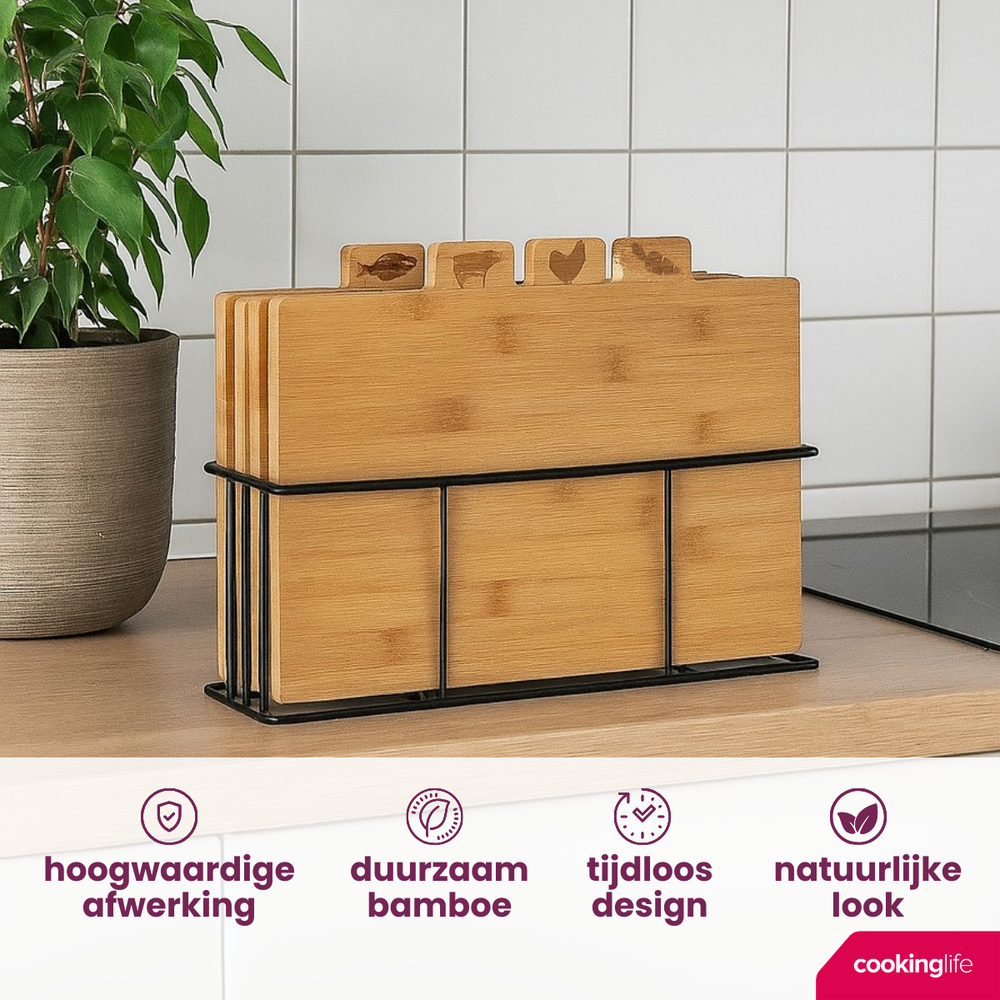 Cookinglife Bambus-Schneidebrett-Set mit Halter, 5-teilig