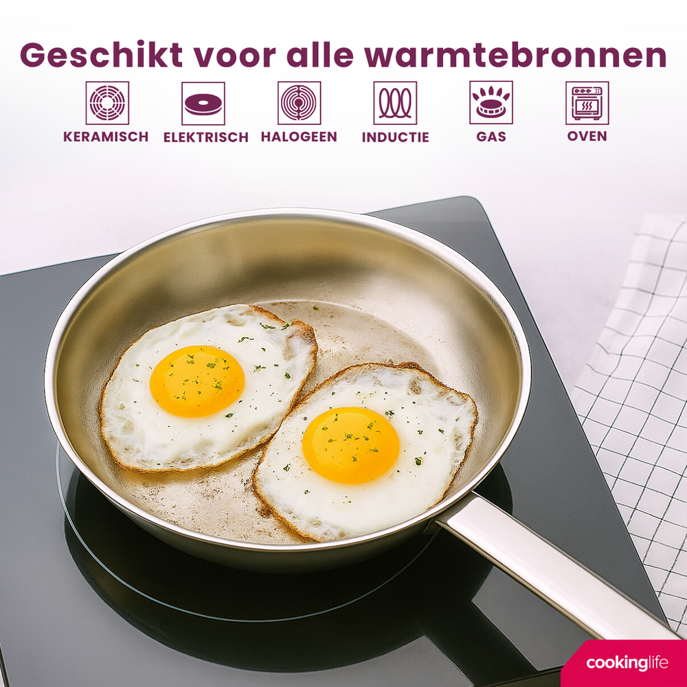 Cookinglife Bratpfannenset Superior Triply Edelstahl 3-teilig - ø 20, 24 & 28 cm - geeignet für alle Wärmequellen - ohne Antihaftbeschichtung