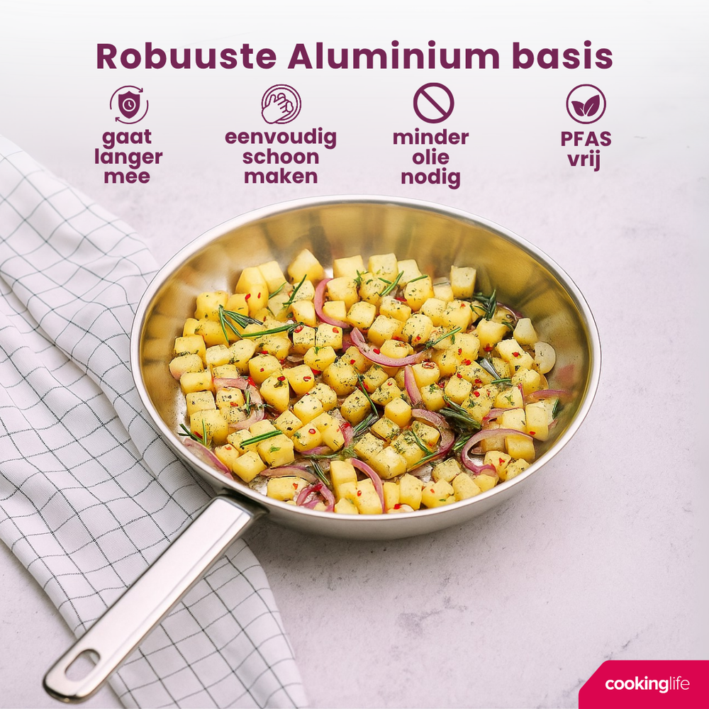 Cookinglife Bratpfannenset Superior Triply Edelstahl 3-teilig - ø 20, 24 & 28 cm - geeignet für alle Wärmequellen - ohne Antihaftbeschichtung