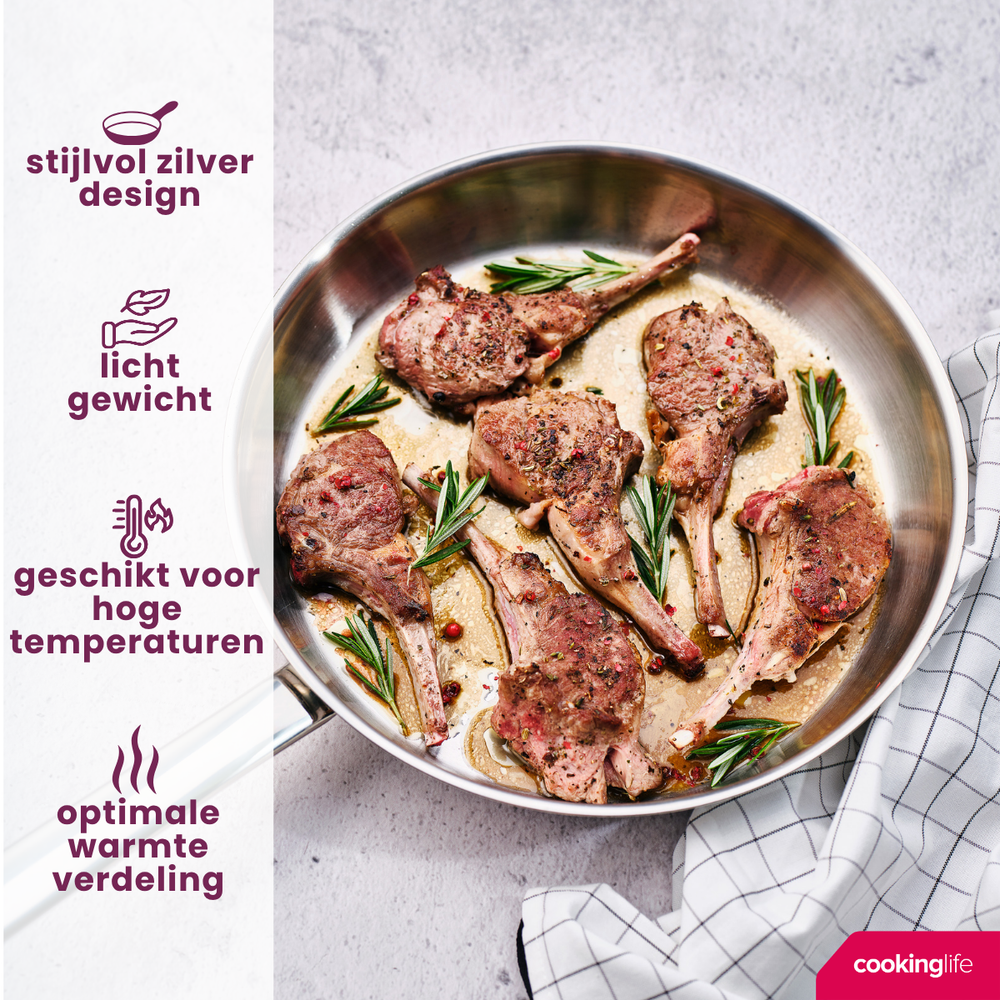 Cookinglife Bratpfannenset Superior Triply Edelstahl 3-teilig - ø 20, 24 & 28 cm - geeignet für alle Wärmequellen - ohne Antihaftbeschichtung