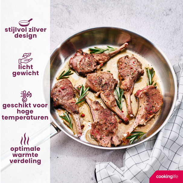 Cookinglife Bratpfanne Superior Edelstahl Ø 28 cm – geeignet für alle Wärmequellen – ohne Antihaftbeschichtung