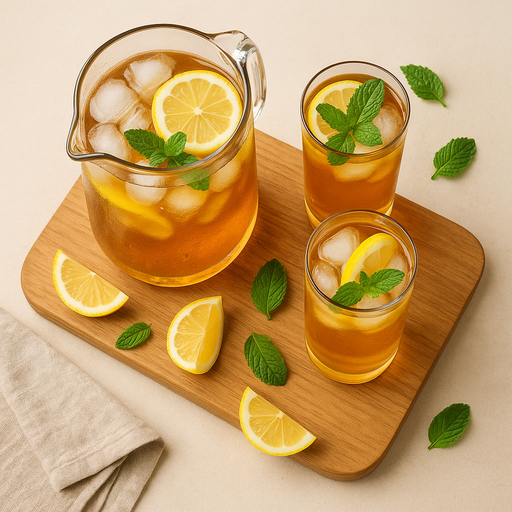 Frischer, leicht süßer Eistee auf Basis von schwarzem Tee mit Zitrone, Orange und Minze. Ideal zum Vorbereiten und eiskalt servieren.