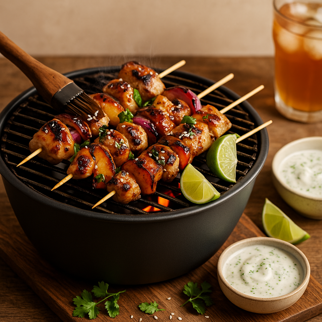 Schnelle, sommerliche Spieße, die perfekt für den Tischgrill sind: zartes Hähnchen mit einer leichten Soja-Honig-Glasur, gegrilltem Pfirsich und frischer Limetten-Joghurtsauce. Ideal als Hauptgericht oder zum Teilen bei kleinen Snacks am Tisch.