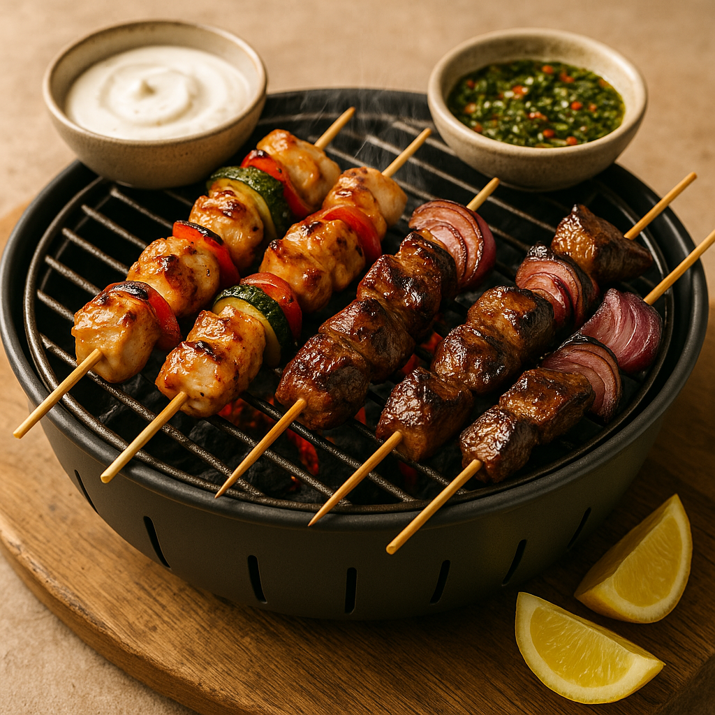 Saftige Hähnchenschenkel und zarte Rindstreifen auf getrennten Spießen, mariniert in Zitrone-Knoblauch mit mediterranen Kräutern. Hähnchen gut durchgaren und das Rind schön rosa lassen — so bekommt jeder perfekte Grillspieße in einer Session.