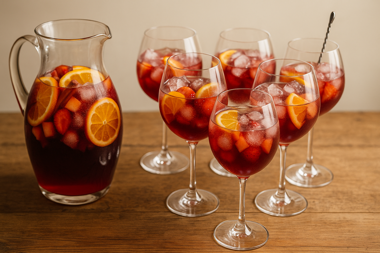 Sonnige Sangria mit roten Früchten, Zitrus und einem Hauch Likör. Zum Teilen gemacht: ein Krug mit 1,6 Litern reicht für 6 großzügige Gläser (700 ml) – mit viel Eis und Früchten.