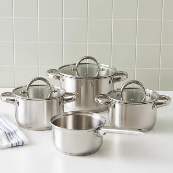Cooking Topfset 4-teilig Edelstahl - Kochtopf ø 16, 18, 20 cm & Stielkasserolle ø 16 cm - geeignet für alle Wärmequellen
