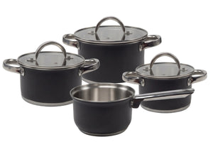 Cooking Topfset Schwarz 4-teilig Edelstahl - Kochtopf ø 16, 18, 20 cm & Stielkasserolle ø 16 cm - geeignet für alle Wärmequellen