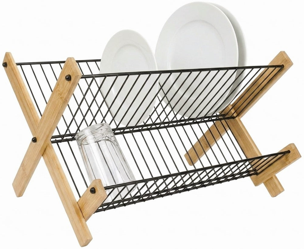 Cookinglife Abtropfgestell Zusammenklappbar - Schwarzes Metall & Bambus