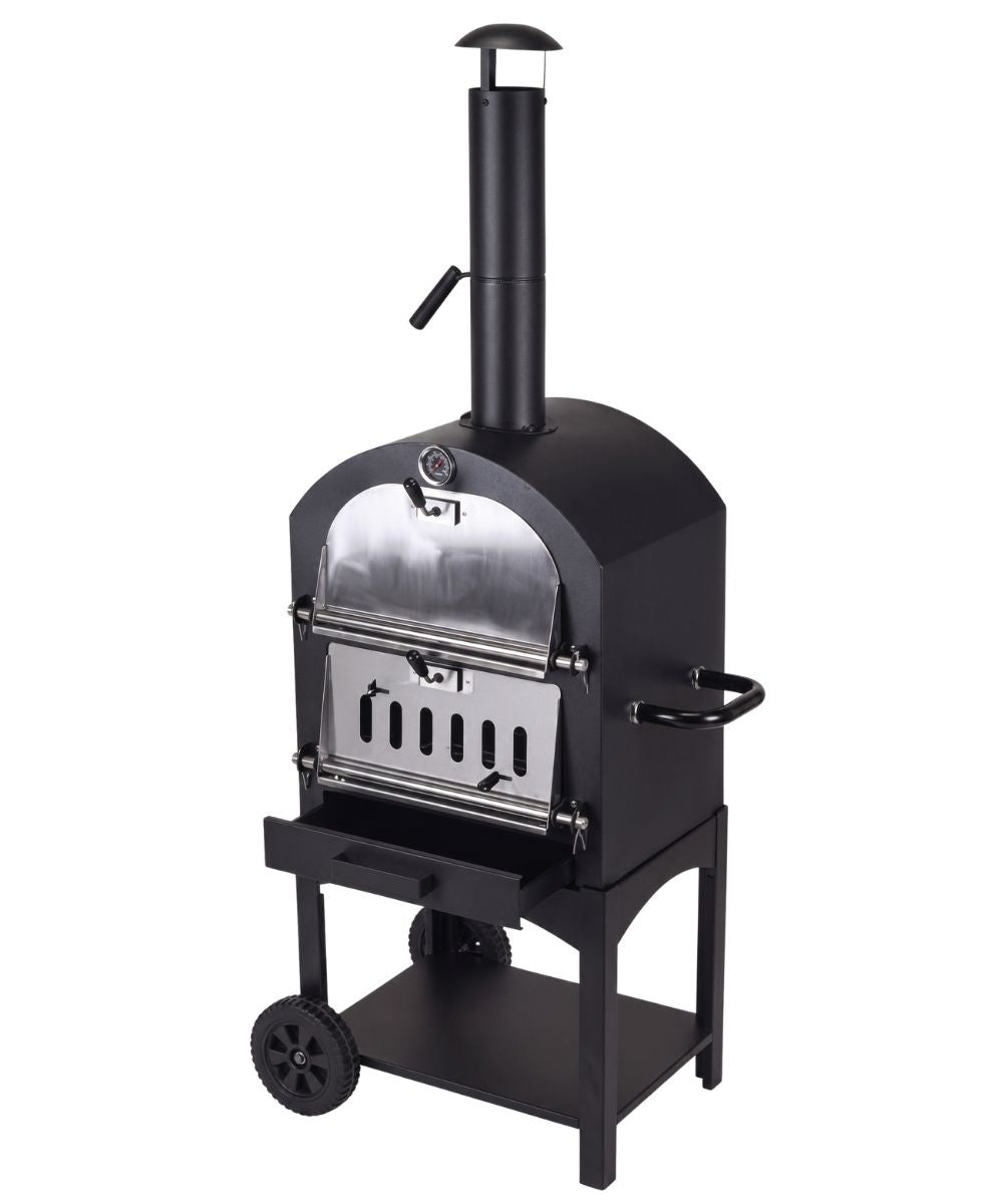 Cookinglife Holzkohle BBQ Pizzaofen Fire & Flavour - 156 cm Hoch - Inklusive Pizzastein & Grillroste - Schwarz